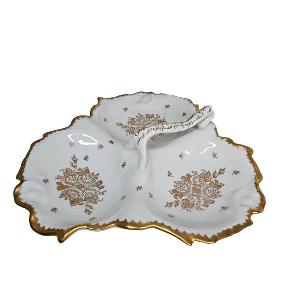 Vintage Porcelaine De France Hand Painted Divided Serving Dish Gold Trim & Flora - Picture 8 of 8